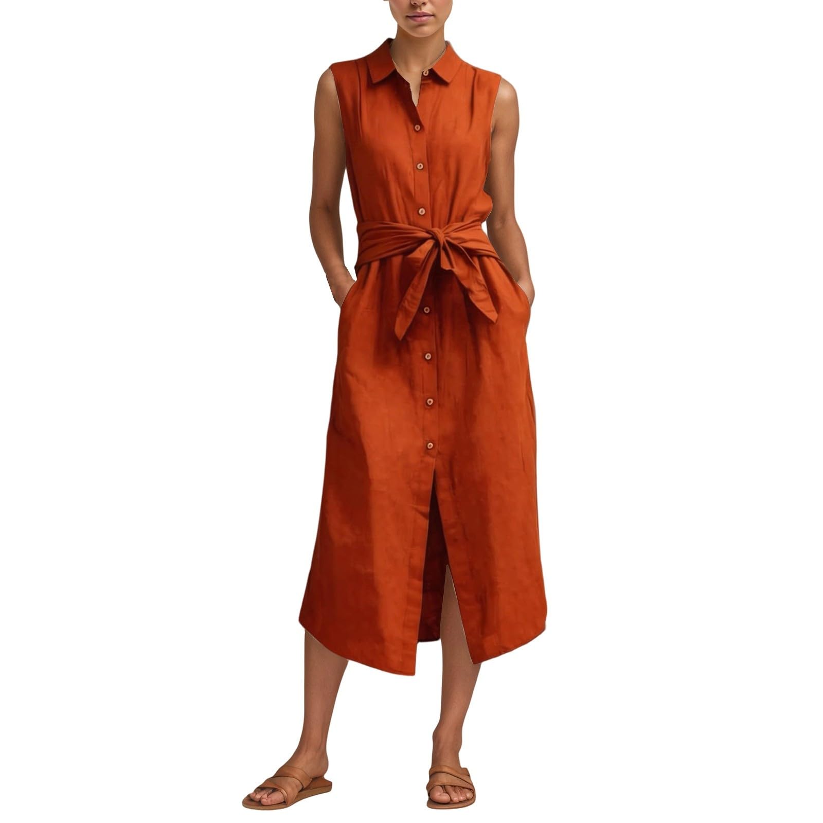 Cexiakong Summer Dress Women's Muslin Dress Linen Dresses Button Down Linen Dress Knee-Length Casual Beach Dress Sleeveless Summer Dresses Summer Shirt Dresses Casual Dress with Pockets, O Orange, S