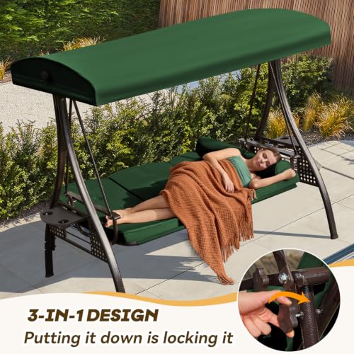 Image of 3 in 1 Outdoor Porch Swing with Adjustable Canopy, 3 Seat Outdoor Swing for Adults, Patio Swing Chair with Thickened Cushions,Pillows & Cup Holders for Backyard, Porch, Garden (Green)
