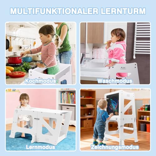 YOLEO 3 in1 Lernturm Kinder, Klappbar Montessori Lernturm ab 1,5 Jahr, Learning Tower für Kinder mit Rausfallschutz, mit doppelseitiger magnetischer Tafel, Küchen-/Badezimmerhelfer (Weiß)