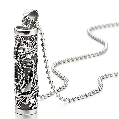 COOLSTEELANDBEYOND Volant Dragon Filigrane Cylindre Pendentif - Acier Inoxydable Collier Pendentif Homme Garçons - 75CM Chaîne de Boule Cover