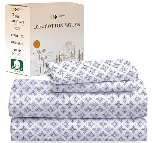 Image of California Design Den Twin Bed Sheet Set, 100% Cotton 12 inch Pocket Twin Sheets & Pillowcase Set, Soft Sateen Weave - Filigree