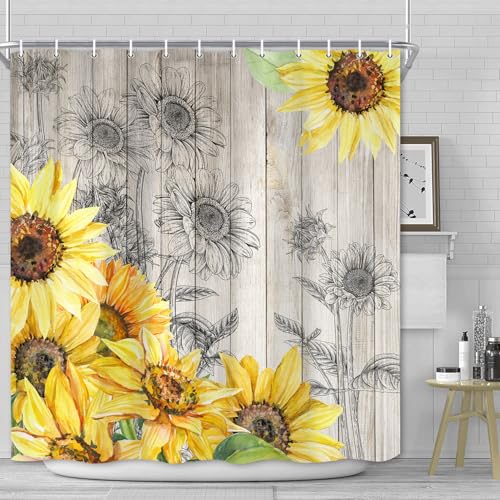 Sunflower-Shower-Curtain-Rustic-Yellow-Flower-Floral-Shower-Curtain-Set-Farmhouse-Country-Vintage-Wooden-Plank-Fabric-Bathtub-Curtains-Bathroom-Decor-Polyester-Waterproof-with-12-Hooks72x72-Inch Sunflower Shower Curtain Rustic Yellow Flower Floral Shower Curtain Set Farmhouse Country Vintage Wooden Plank Fabric Bathtub Curtains Bathroom Decor Polyester Waterproof with 12 Hooks72x72 Inch