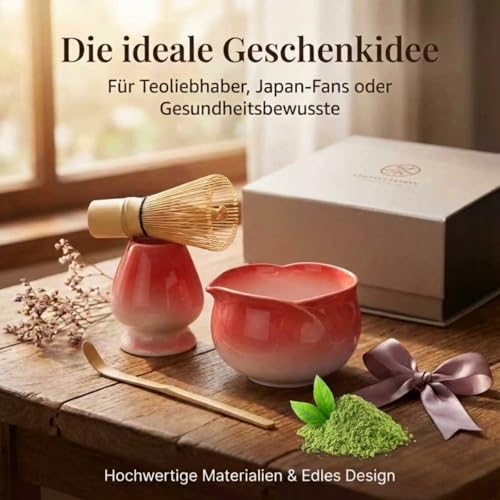 HOBEYO Matcha Set, Matcha-Set Rot, Blütenblattform Matcha-Schüssel mit Ausgießer, Matcha-Rührer und Ständer, Matcha-Löffel… – Ansicht 6