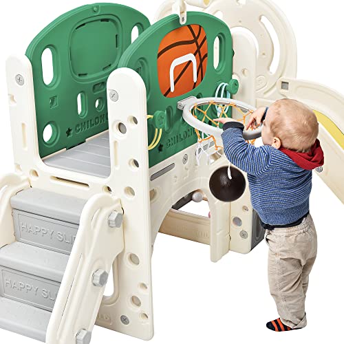 image for Merax 7-in-1 Kids Slide with Climber, Basketball Hoop, Tunnel, Telesco