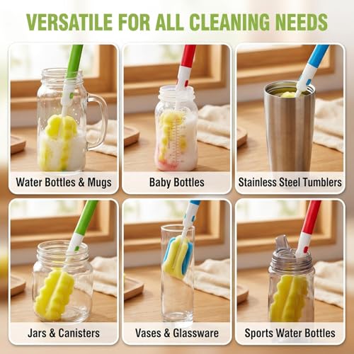 Image of 3PCS Replaceable Cleaning Bottle Sponge Brush Sponge Cup Brush Set with 3 Replacement Brush Head Portable Long Handle Water Bottle Cleaner Brush for Water Bottle Glasse Bottle Mugs Cup (Color Random)