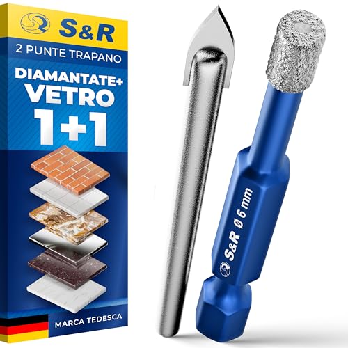 S&R Set di 2 Punte Trapano: 1 Diamantata 6mm e 1 Centraggio Vetro. Punte Gres Porcellanato Piastrelle Ceramica Granito Marmo Vetro Professionali.