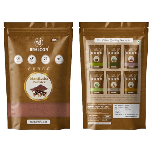 Image of BRALCON Manjistha Powder, 100g | Rubia Cordifolia | 100% Pure & Natural Skin Treatment Mask for Face, Hair Care & Skin Care | for Acne, Pigmentation & Skin Brightening