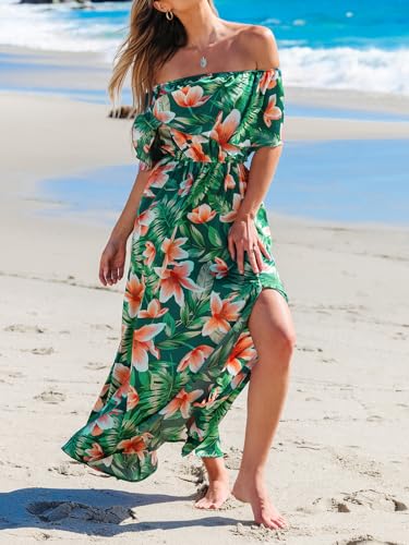 Image of CUPSHE Women Ruffle Floral Maxi Summer Dress Off Shoulder Short Sleeve Backless Flounce Bodice Slit Hem Beach Dresses