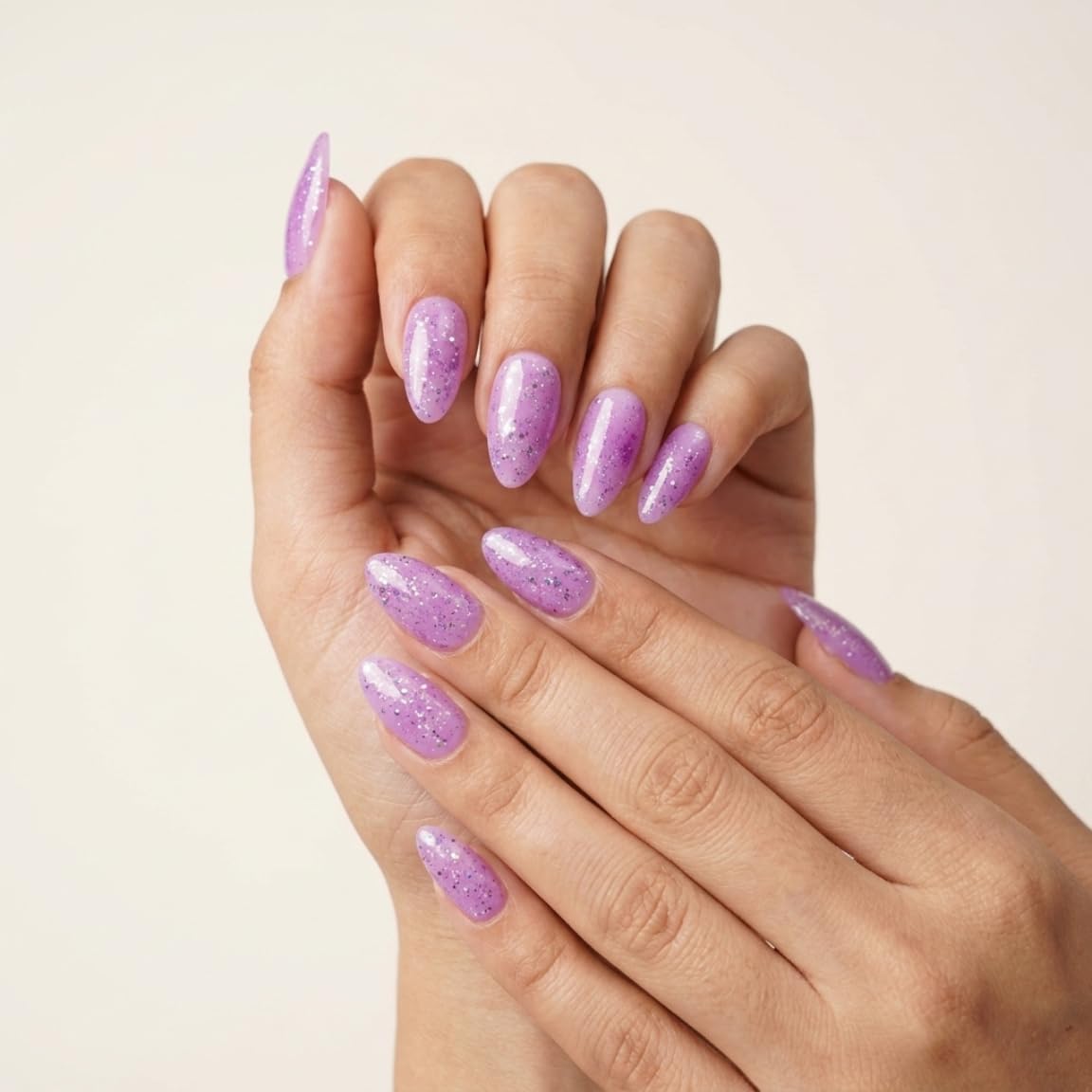Purple Glitter Press On Nails 14pcs Lavender Almond Fake Nails | Sparkly Reusable Glossy Acrylic Artificial Nails for Women & Girls-image-43