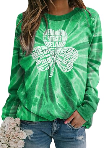 Image of Womens St. Patrick Day Lucky Clover Sweatershirt Crew Neck Long Sleeve Blouse Graphics Tie Dye Pullover