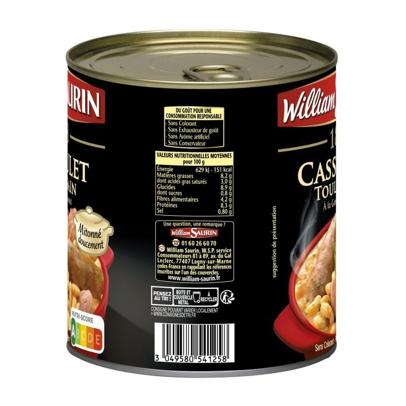 Cassoulet Toulousain Cuisiné à la Graisse d'Oie 1898 William Saurin - Saveurs Traditionnelles - Plat Chaud Prêt à Déguster - Epicérie Salée - Conserves - Le Lot De 3
