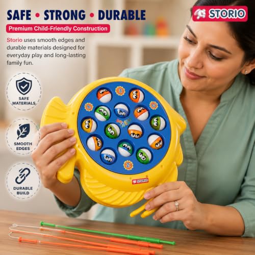 Image of Storio Premium Electronic Fishing Game for Kids | Rotating Fish Catching Toy with 15 Fish & 4 Magnetic Rods | Fun Interactive Board Game for Boys & Girls