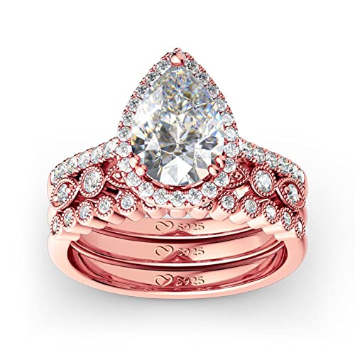 Jeulia Pear Shaped Wedding Ring Set: 3PC Halo Pear Cut Sterling Silver Diamond Bridal Set Rose Gold Anniversary Promise Wedding Band with Jewelry Gift Box