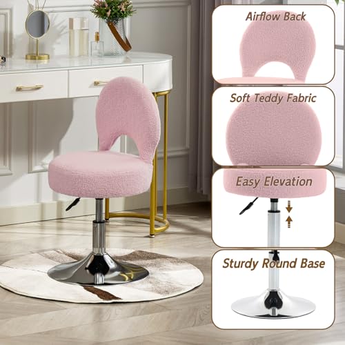 Image of Adjustable Small Vanity Stool Chair with Folding Back for Teenager | 360 Swivel Vanity Chair for Makeup | Teddy Fabric Ottoman Stool for Bedroom Living Room | Small | Pink