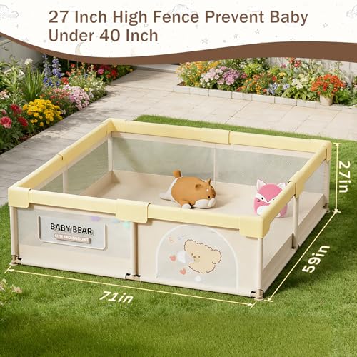 Image of Playpen for Baby up to 4 Years Playards with Pit Balls and Anti-Fall Grasp Rings, Kids Activity Center with Safety Lock & Small Storage Bag (No Mat, Non-Foldable) (150x180cm Yellow)