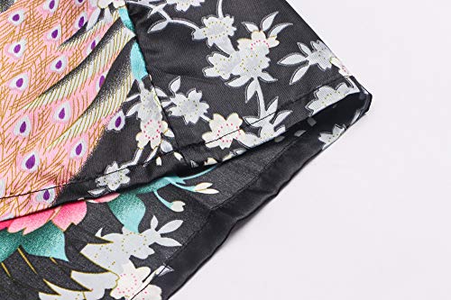 Women's Short Kimono Robes Bride and Bridesmaid Satin Floral Bathrobe Peacock Sleepwear Dressing Gown for Wedding Party, Black X-Large