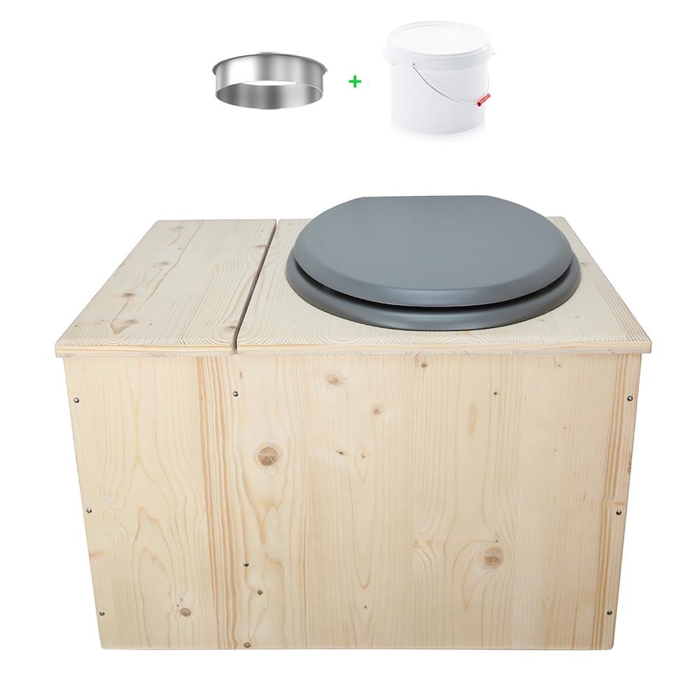 Toilette sèche en bois avec bac à copeaux intégré, bavette inox et seau 22L plastique - La Bac Gris clair 22 litres - Fabrication Française - N4