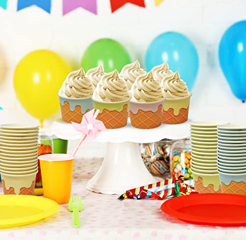 Gift Boutique 60 Ice Cream Cone Treat Snack Cups 10 Oz. Disposable Paper Cup Dessert Ice Cream Bowls Pink Blue Yellow Green Frozen Treats Cupcakes Birthday Party Favor Supplies Decorations #TOP4
