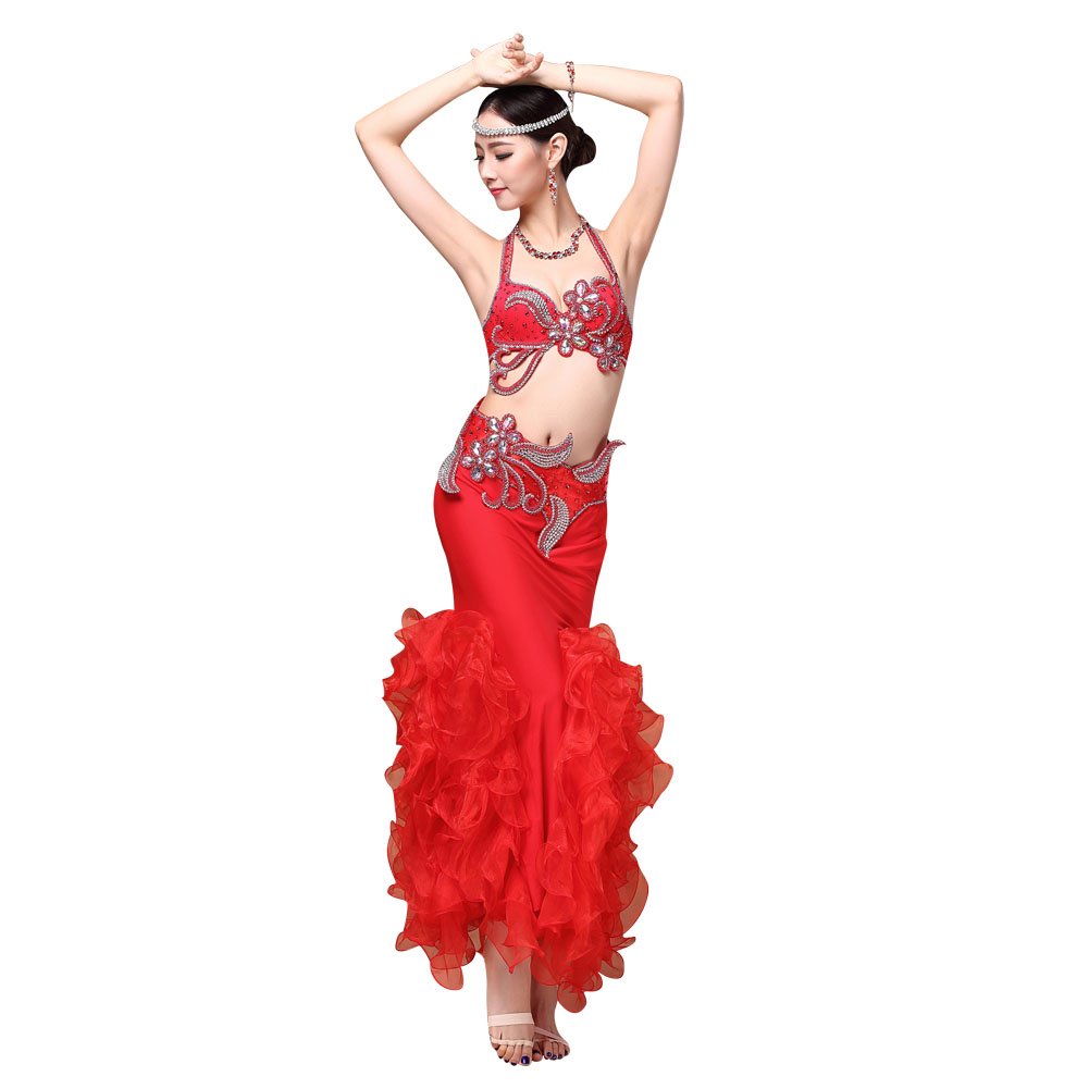 Belly Dance Costume,Beaded Top Bra,Belt and Scallop Wrinkle Skirt 3pcs