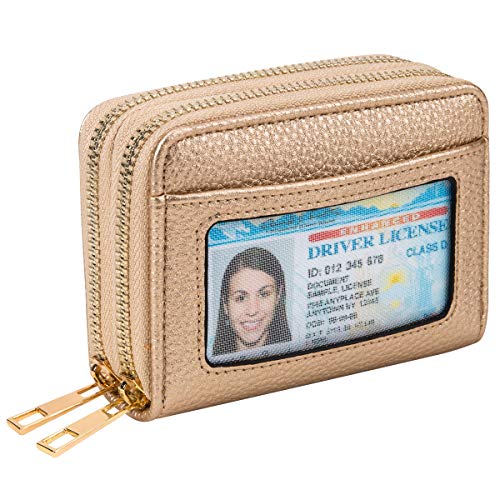 Heaye Card Case Women Wallet Holder RFID with ID Window Zipper Small Gold