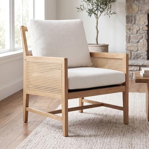 DM Furniture Mid-Century Modern Rattan Accent Chair, Upholstered Lounge Armchair with...