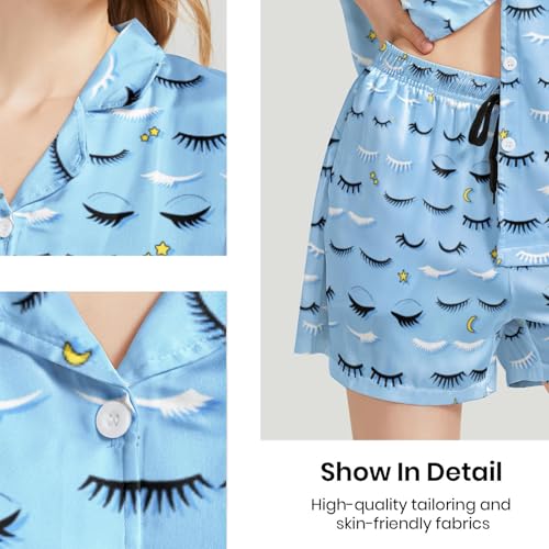Image of Funny Satin Pajamas Set for Women Button Down Sleepwear Print Pjs Set 2 Piece Short Sleeve Loungewear Gift for Women