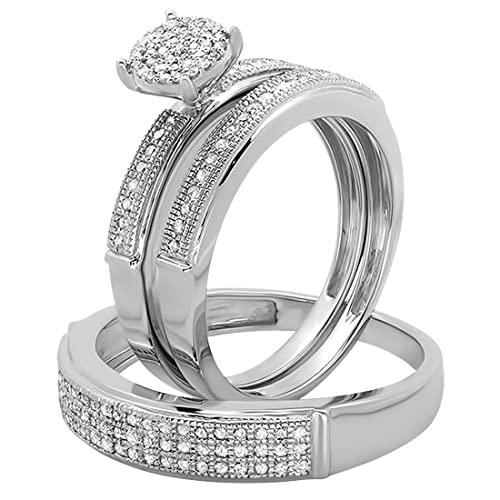 Dazzlingrock Collection 0.48 Carat Round White Diamond Cluster Trio Ring Set in 925 Sterling Silver