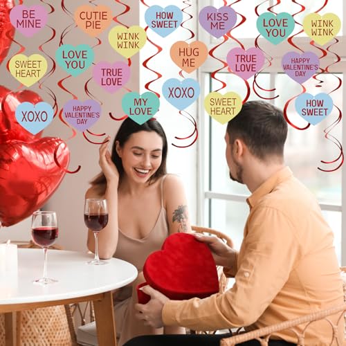 Image of 72 Pcs Valentine's Day Hanging Swirls Decorations Be Mine Love Conversation Valentine Party Decoration Ceiling Decorations Foil Swirls for Home Office Party Favors Supplies