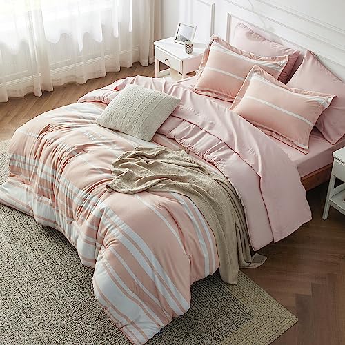 Image of Bedsure Full Comforter Set 7 Pieces, Light Pink Striped Bedding Set for All Seasons, Reversible, Cationic Dyeing Bed in a Bag with Comforter, Sheets, Pillowcases & Shams