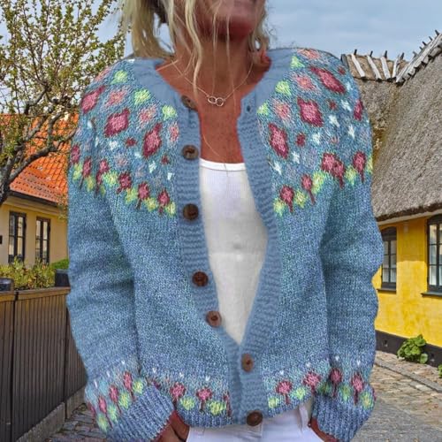 Women Floral Print Fair Isle Sweater Crewneck Button Down Cardigan Sweaters for Women Fall Open Front Knit Jacket2
