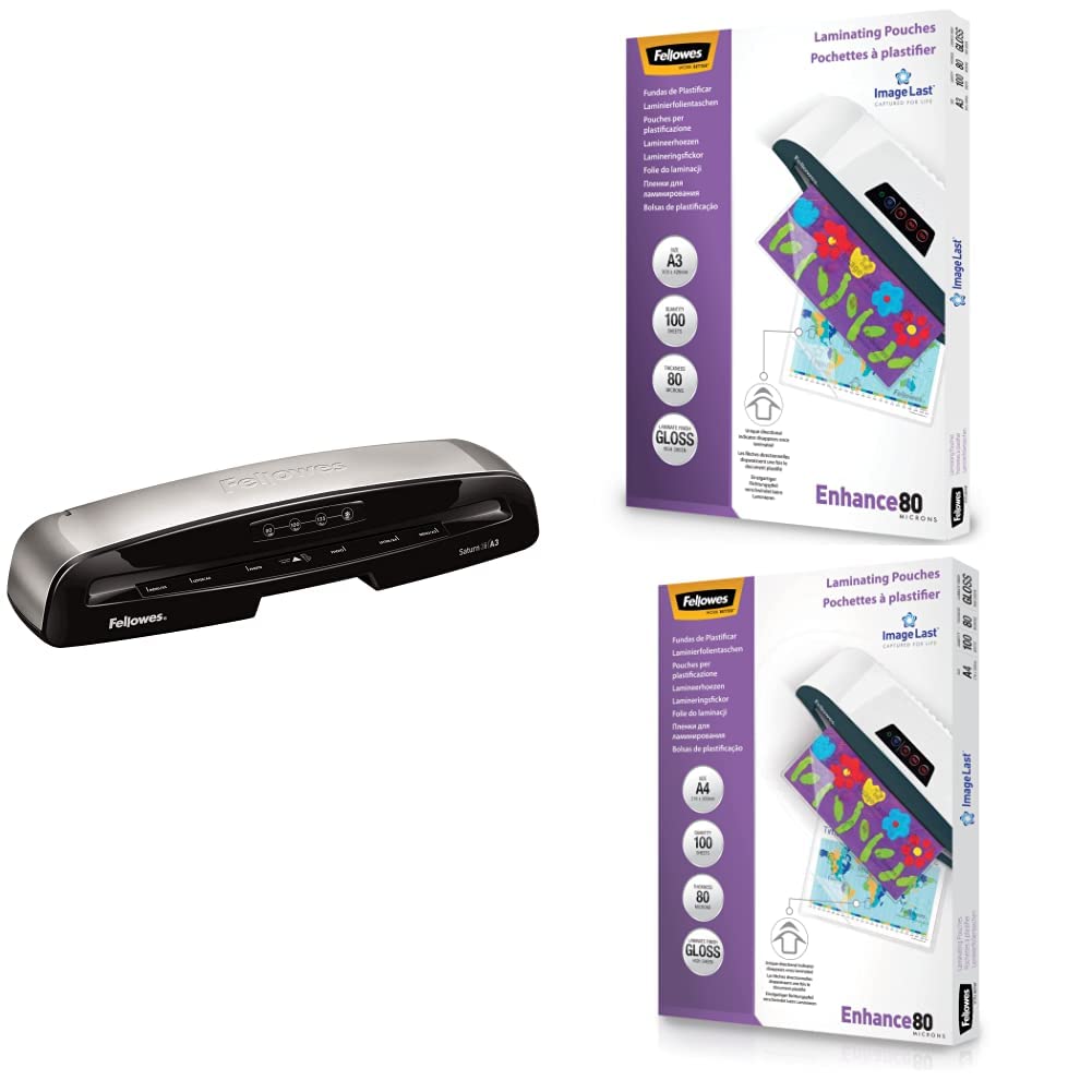 Fellowes Plastificatrice Saturn 3i A3, 80-125 Micron, Con Pouches Lucide Enhance80 A3 e A4, 210 Pezzi Totali