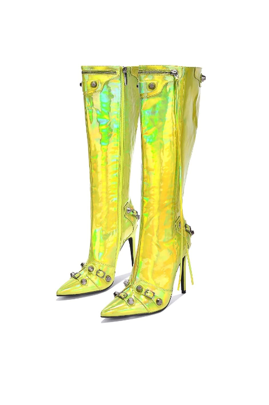 Cape Robbin Womem Knee High Boots Pointed Toe Stiletto Heels Side Zipper Rivets Tassels Boots