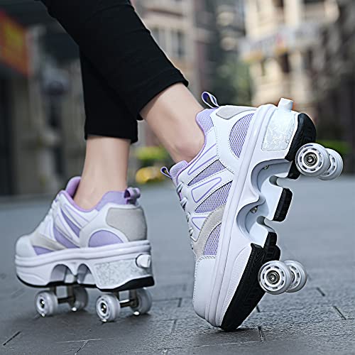 Image of 2-in-1 Roller Skates & Sneakers Unisex Retractable Wheels Outdoor Fun & Fitness Kick Roller Shoes Purple, Inline Skate Wheel