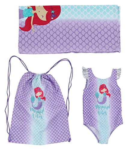 Image of Flamingo Girls One Piece Bathing Suit Beach Bag and Towel 3 Swimsuit Set Toddler