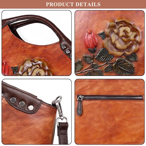 Large Bucket Bag for Women Genuine Leather Retro Rose Embossing Design Purse and Handbag Fashion Satchel Shoulder Bags3