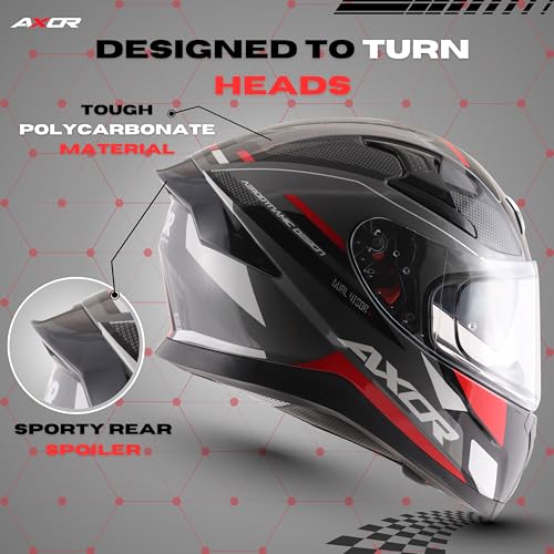 Image of Axor Apex Turbine ISI ECE DOT Certified Full Face Dual Visor Helmet for Men and Women with Pinlock Fitted Outer Clear Visor and Inner Smoke Sun Visor Black Red Grey Helmet-XL