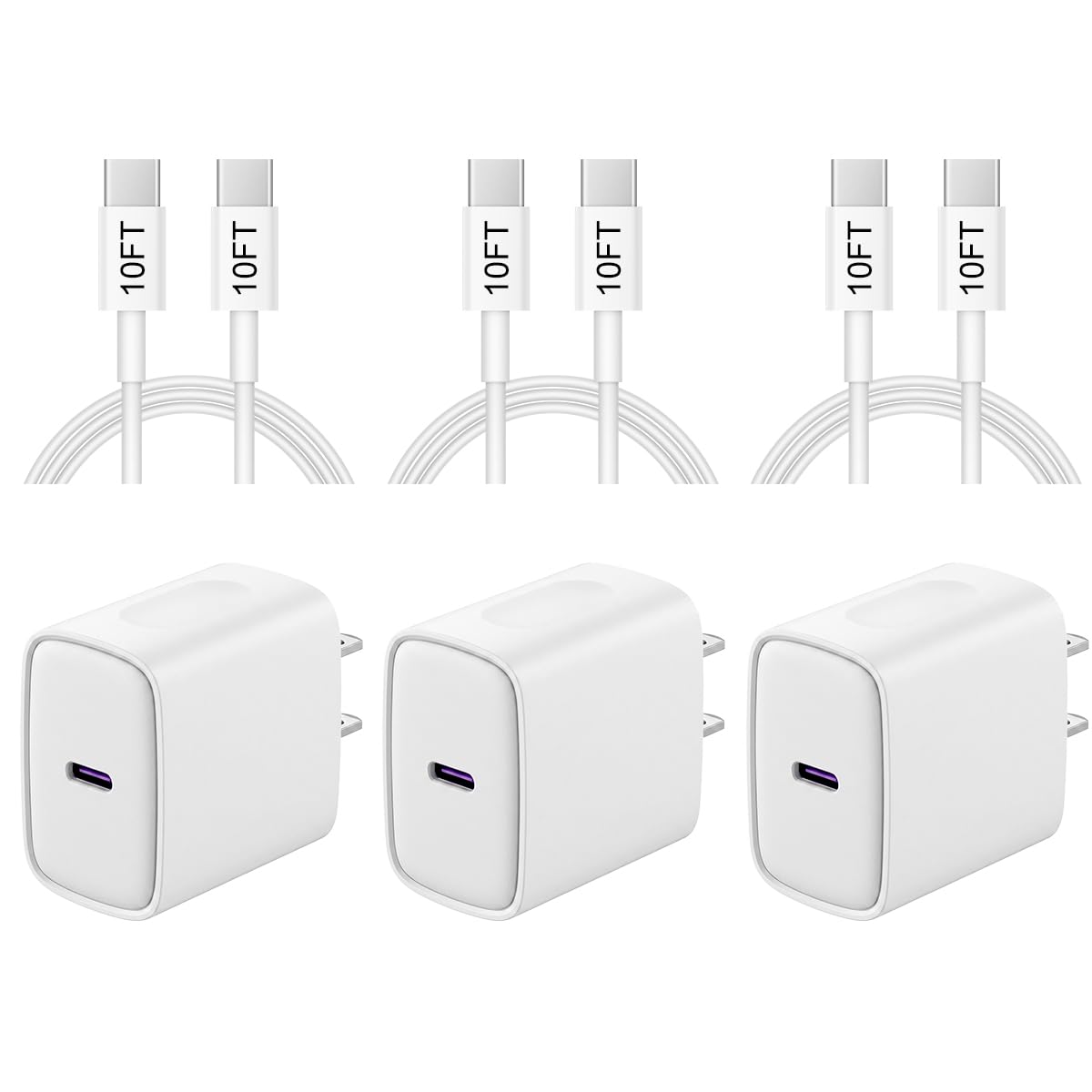 3 Pack iPhone 17 16 15 Charger Fast Charging 10FT - 20W USB C Charger Block