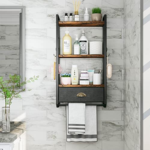 Jzm Bathroom Storage Organizer Wall Mounted, 3 Tier Bathroom Towel Rack Shelf With Storage Drawer Double Towel Bars And Hooks, Industrial Bathroom Shelves Over Toilet, Rustic Black And Brown (A) #TOP5