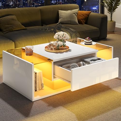 Merax High Gloss Coffee Table with Glass Top, Coffee Table with Light and Drawer, Modern Center Table with Open Storage, Sofa Side Table End Table for Living Room, Office (White) by Merax - Used condition - CA$156.40