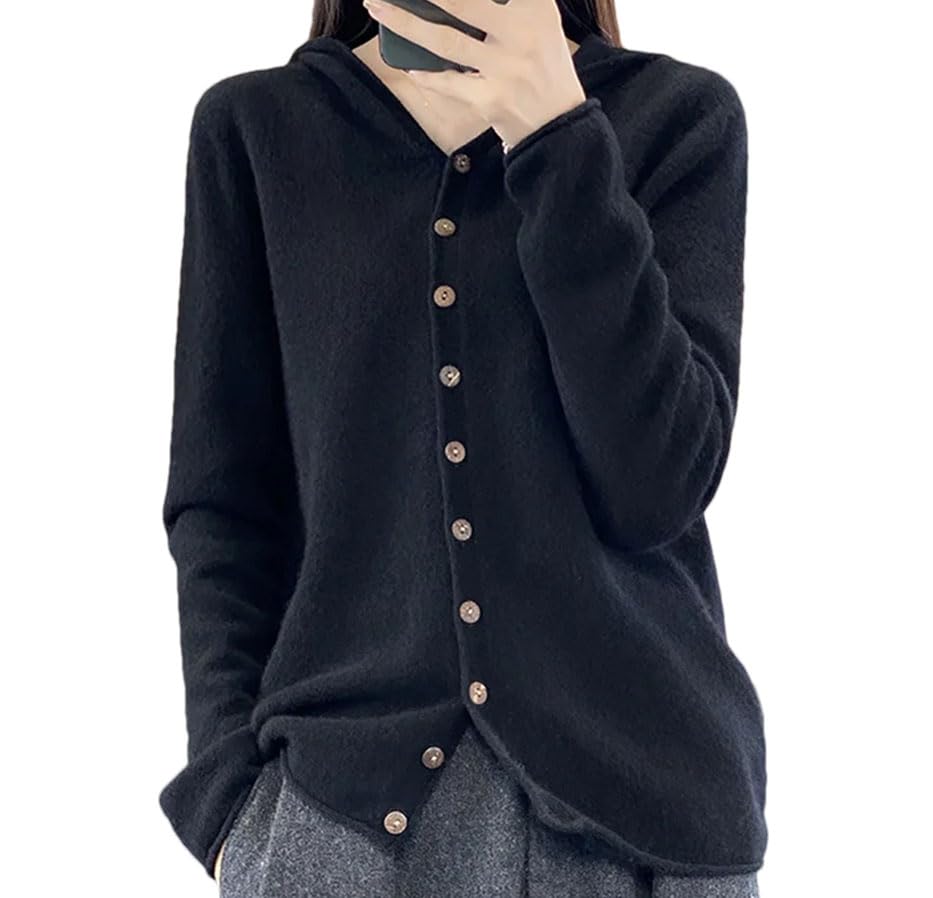 Maglione da donna in lana con cappuccio, tinta unita, a maniche lunghe, lavorato a maglia