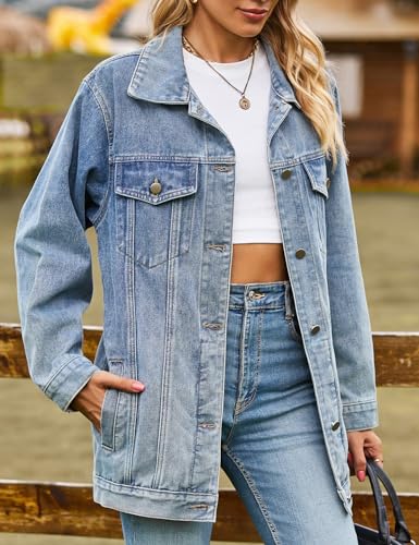 Women's Casual Denim Jacket Oversized Button Down Long Sleeve Shacket Coat Mid Long Outwear3
