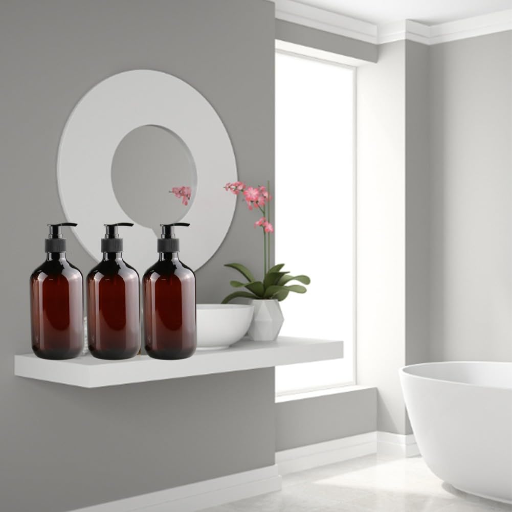Paquete de 8 botellas vacías de PET marrón de 500 ml con bombas de loción negra, dispensadores recargables para champú, acondicionador, gel de baño, salón y uso doméstico