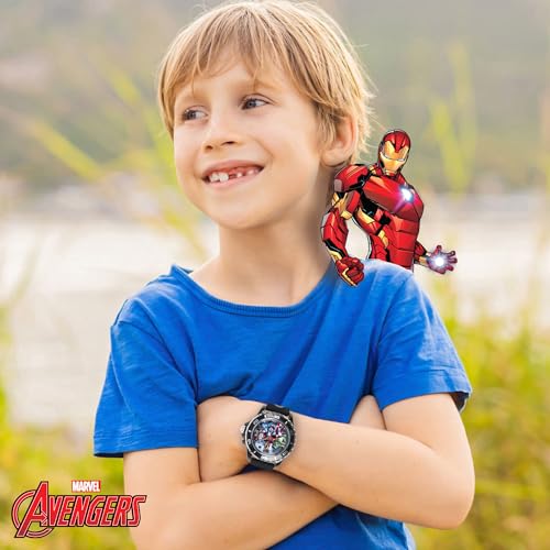 Marvel Avengers Adventure Analog Quartz Kids' Watch with Flashing LED Lights - Superhero Icons Band, Japanese Movement, Black4