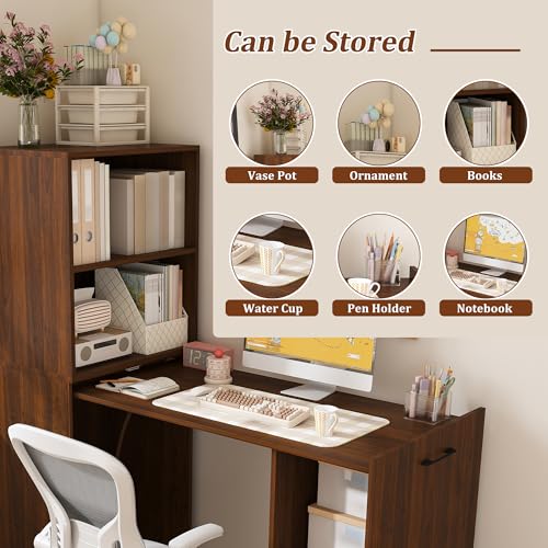 Image of Foldable Office Desk, Fold Out Convertible Hidden Murphy Computer Desk with Storage Shelves, Multi-Function Folding Writing Table for for Small Spaces, Home Office (Walnut)