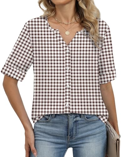 Image of OFEEFAN Button Down Shirts for Women 3 /4 Length Sleeve Tops V Neck Blouses Business Casual Outfits Loose Fit