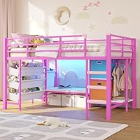 DICTAC Low Twin Size Loft Bed with Reading Corner and Bookshelf,Metal Twin Loft Bed with LED Lights,3 Sling Drawers&2 Movable Storage Bins,loft bed for Kids with 13.98\"H Safety Guardrail & Stairs,Pink