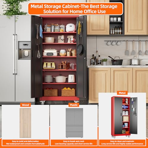 Image of Aobabo Metal Garage Storage Cabinet with Wheels, 34 inch W x 18 inch D x 71 inch H,Red