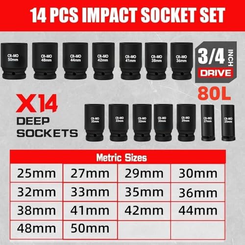 Image of TONYNOL 3 /4 Inch Drive Deep Impact Socket Set,6-Point, Metric Sizes(25-50mm),14 PCS,Cr-Mo Steel,Heavy Duty Impact Sockets for Automotive & Industrial Machinery,With a Storage Case