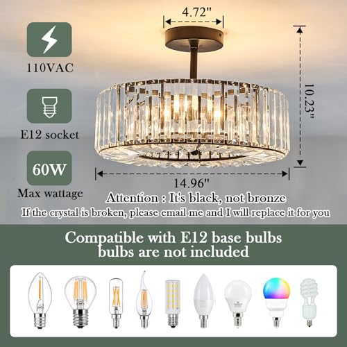 Image of Piepooye 4 Lights Modern Crystal Chandelier Black Round Semi Flush Mount Ceiling Light Fixture Farmhouse Chandelier for Dinning Room Living Room Bedroom Hallway Entryway Kitchen