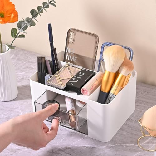 Image of Desk Organizer with 2 Drawers | Multi-Functional Stationery Holder for Office, Study Table, Home | 5 Compartment Pen, Pencil, Marker Storage Box for School & Art Supplies (White)